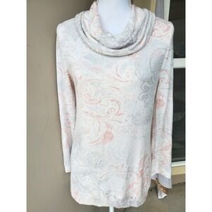 Chicos Cowl Neck Long Sleeve White Paisley Pastel Floral Tunic Top Women Medium